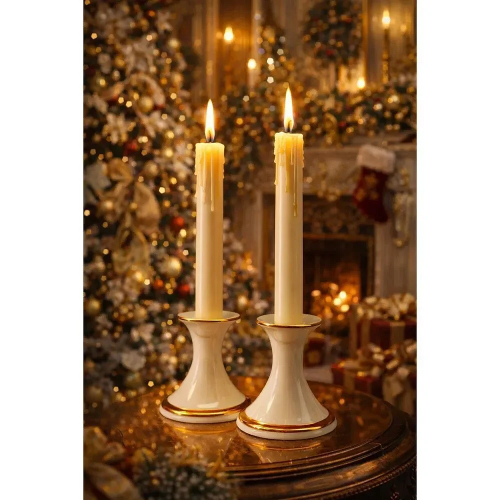 Set of 2 LENOX Eternal Porcelain Gold Trim Candlestick Holders Cream